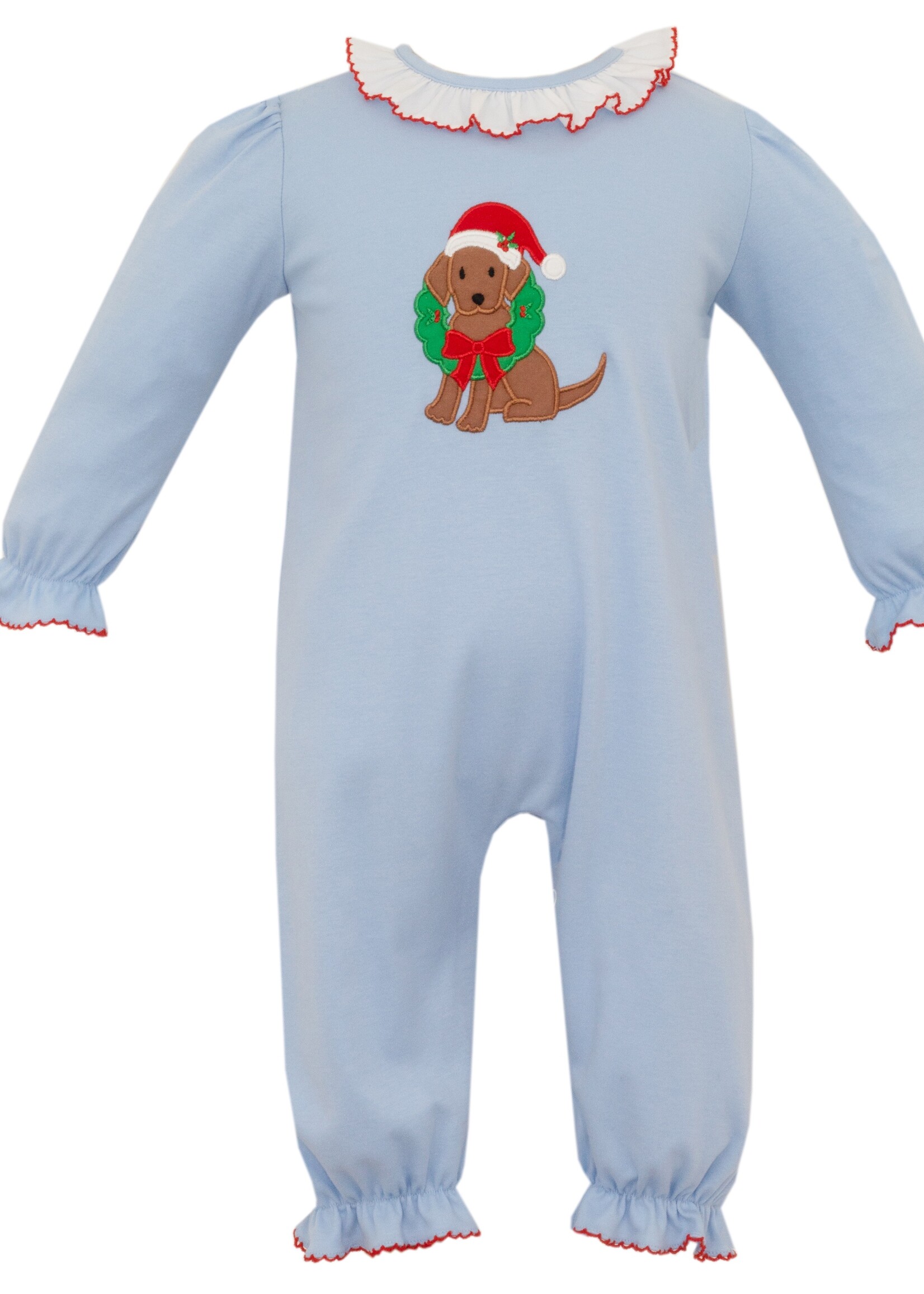 Claire and Charlie Puppy Wreath Girls Long Romper