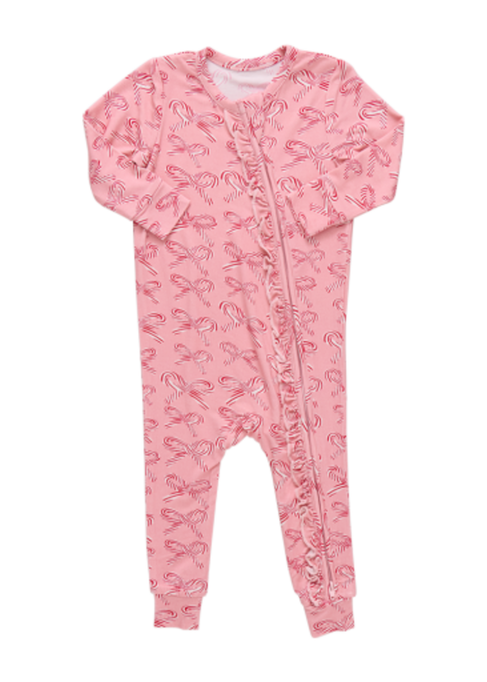 Pink Chicken baby ruffle bamboo romper - candy cane bows