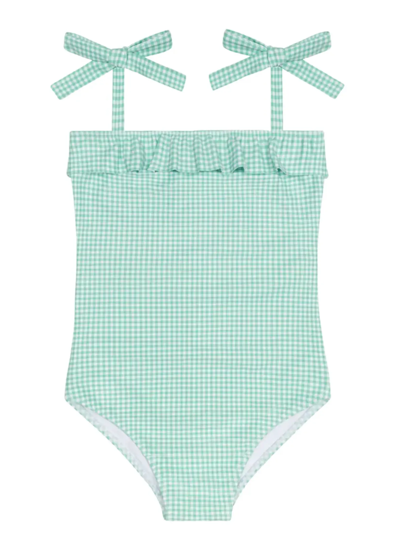 Minnow ruffle front tie strap one piece