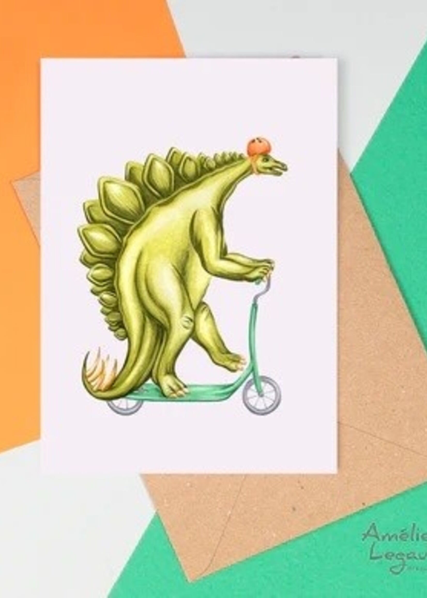 Amelie Legault Stegosaurus rides a bike