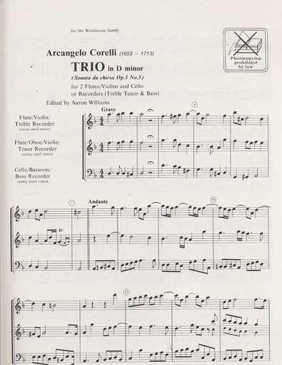 HAL LEONARD Corelli, A: Trio (2 Violins & Cello) score & parts