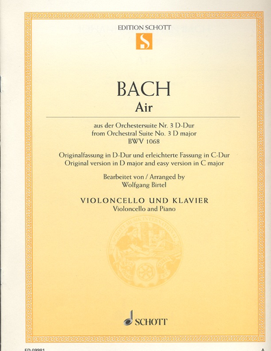 HAL LEONARD Bach, J.S. (Birtel): Air from Orchestral Suite No.3 in D Major, BWV1068 (cello, and piano)