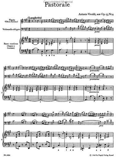 Barenreiter Vivaldi, A.: Pastorale "Il pastor fido" (violin or flute, Cello, Piano) Barenreiter