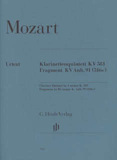 Mozart, W.A. (Wiese): Clarinet Quintet in A, K.581and Fragment K.Anh. 91 (516c), urtext (clarinet, 2 violins, viola, and cello)