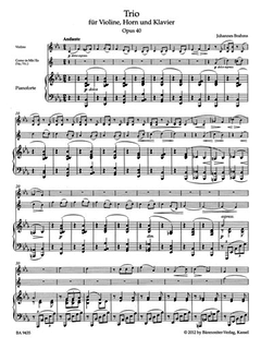 Barenreiter Brahms (Hogwood): Trio in Eb Major for Violin, Horn, & Piano, Op.40 - URTEXT (violin, horn/viola/cello, & piano)  Barenreiter