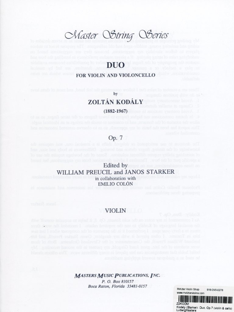LudwigMasters Kodaly (Starker): Duo, Op.7 (violin & cello) Ludwig Masters