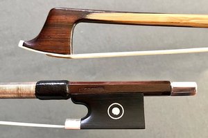 L. Cocker viola bow, silver-mounted with bamboo stick grafted onto Pernambuco head and handle