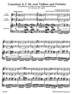 Barenreiter Mozart, W.A.: Concertone in c (2 Violins & Piano) Barenreiter