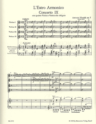 Barenreiter Vivaldi, A.: Concerto #9 in F - L'estro armonico (4 violins & piano) Barenreiter