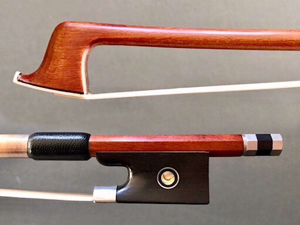 Pernambuco 1/2 violin bow, unbranded, with nickel-mounted ebony frog