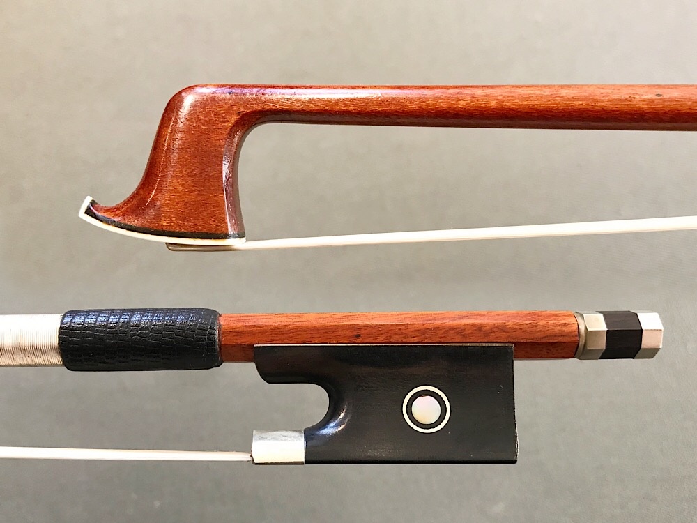 Pernambuco violin bow, unbranded, with nickel-mounted ebony frog