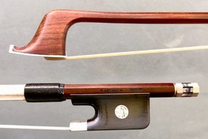 Otto Musica *ARTINO* GERMANY silver Pernambuco cello bow, octagonal, with Paris eyes & fancy button