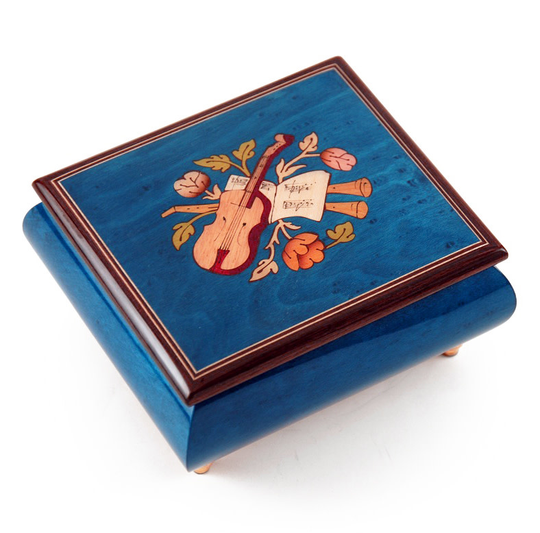 Giglio Asla Music box, dark blue burl-elm, with inlaid violin and flutes, Rachmaninoff's 18th Variation melody, Sorrento, ITALY