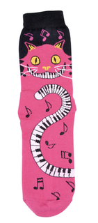 AIM Gifts Ladies magenta socks with the cat piano keys tail desigin. Sizes 9 - 11.