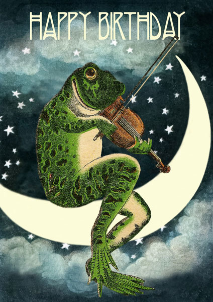 Madame Treacle Happy Birthday Card with Frog playing Violin on Moon