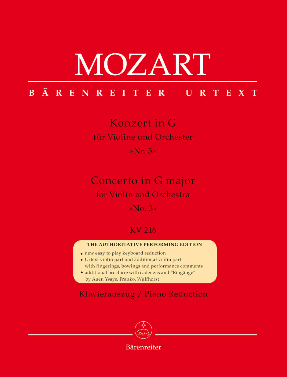 Barenreiter Mozart, W.A. (Wulfhorst): Concerto No. 3 in G Major, KV 216 (violin & piano) Barenreiter Urtext