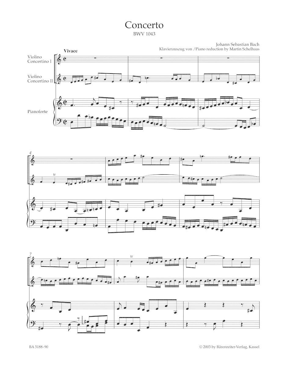 Barenreiter Bach, J.S.: Concerto in D minor, BWV1043 urtext (2 violins, and piano) Barenreiter