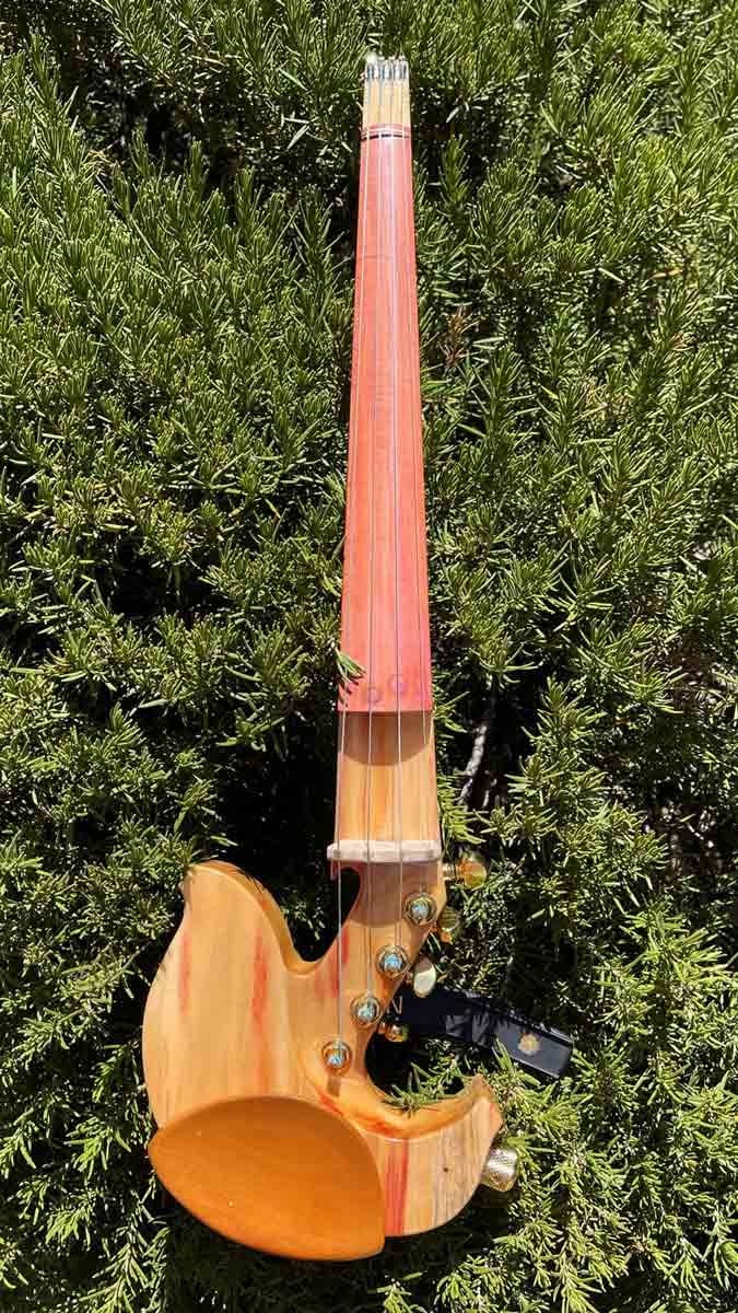 Jordan Music Jordan electric 4-string violin, candy-striped boxelder with pink ivory wood fingerboard, gold hardware, StringAmp  bridge & electronics, case, USA