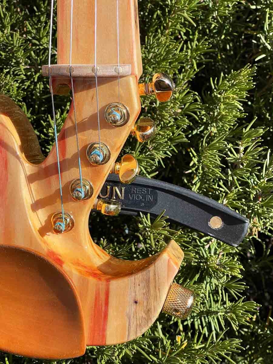 Jordan electric 4string violin, candystriped boxelder with pink ivory