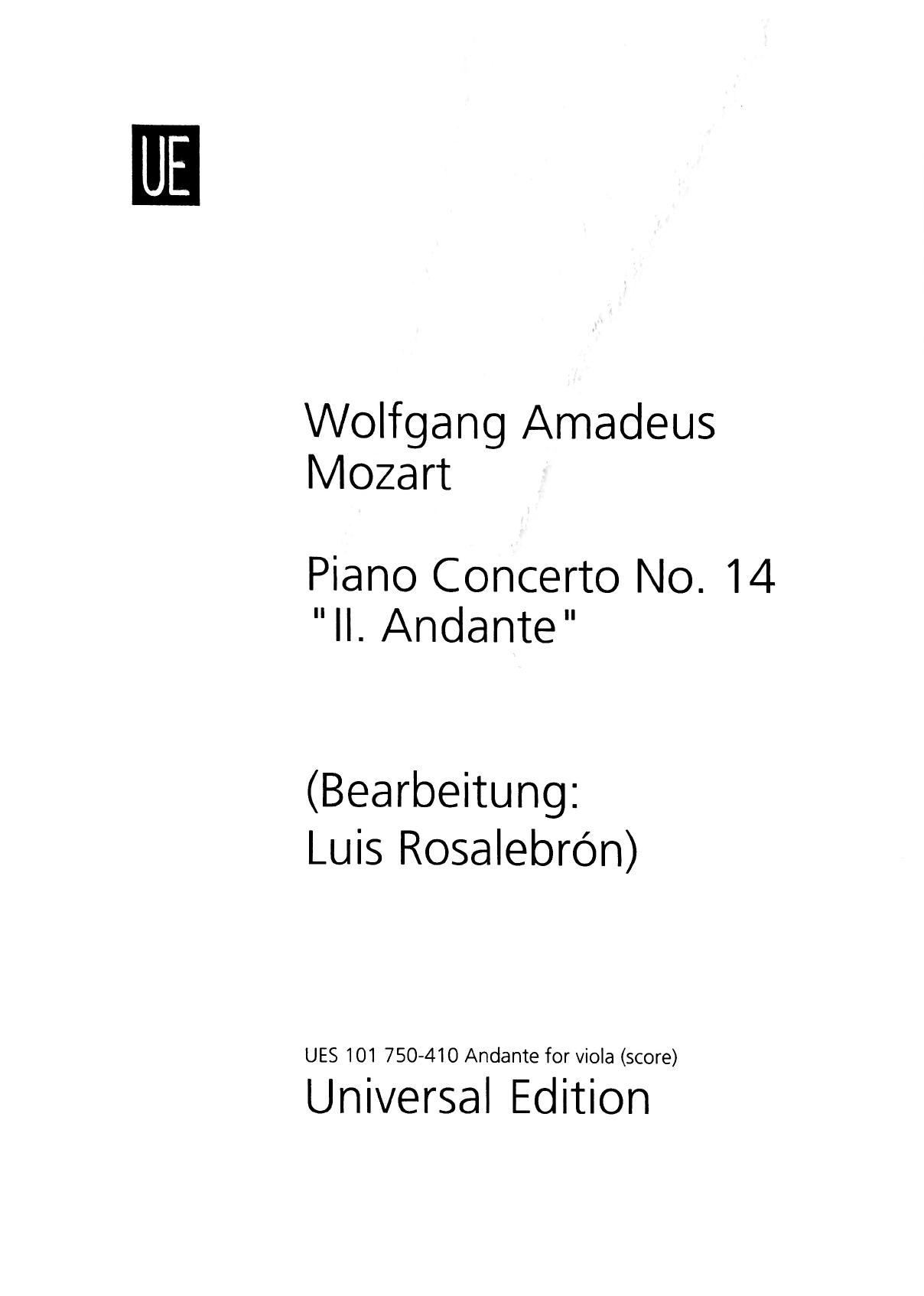 Universal Edition Mozart (Rosalebron): Andante for viola from Piano Concerto No. 14 (viola) UNIVERSAL