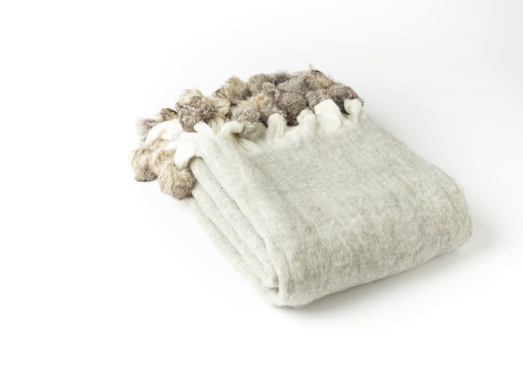 A Soft Idea A Soft Idea Throw Grey Mohair Blend w Fur Pom Poms