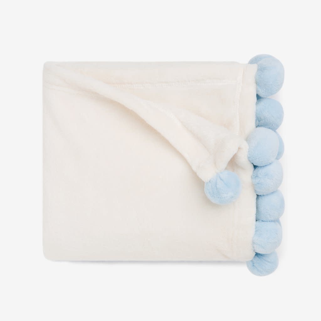 ELEGANT BABY Blue Pom Trim Fleece Baby Stroller Blanket