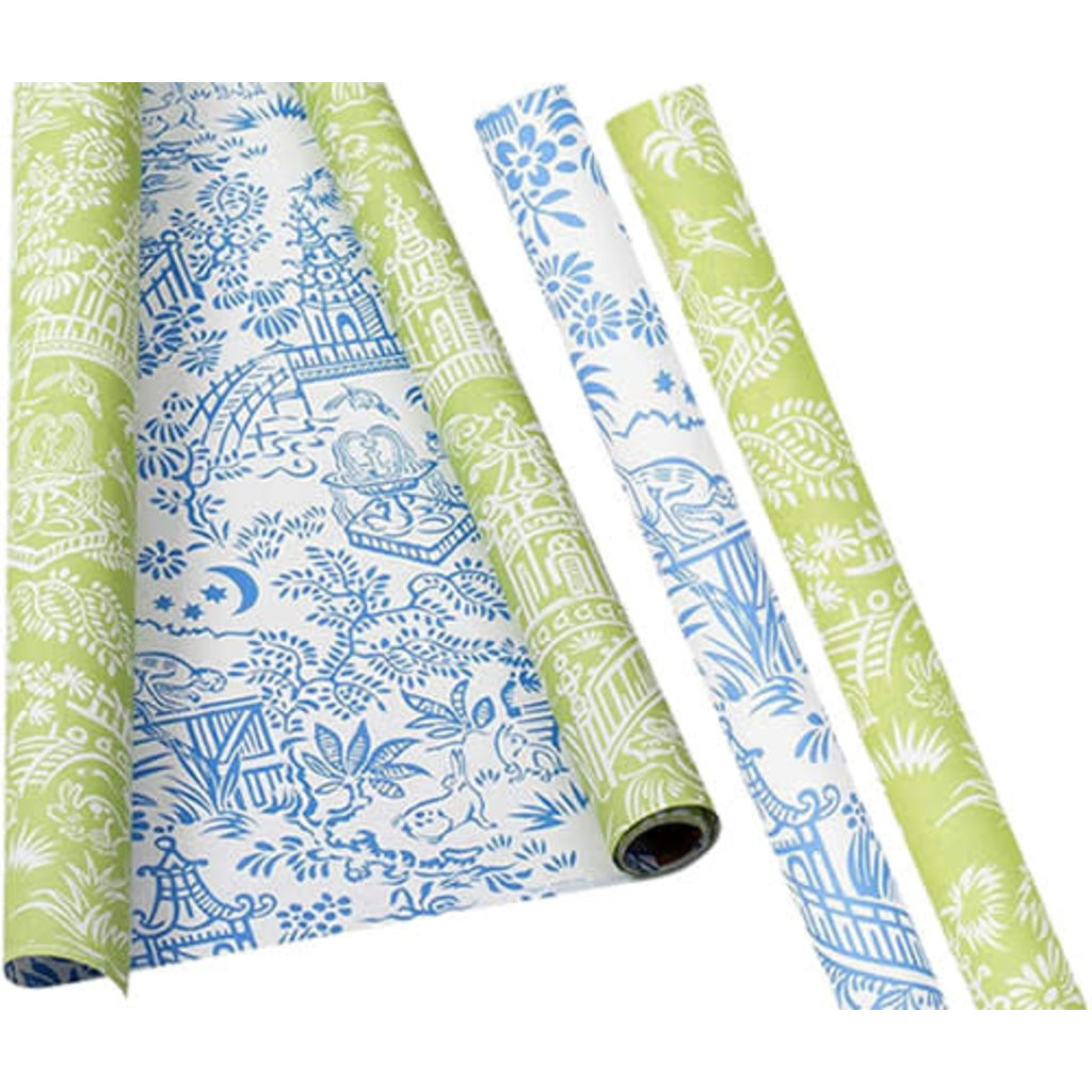 Caspari Caspari Pagoda Toile Reversible Gift Wrapping Paper in Blue & Green - 30" x 8' Roll