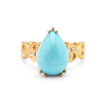 Dana Bronfman Pear Shaped Cabochon Turquoise Ring with Coin Band