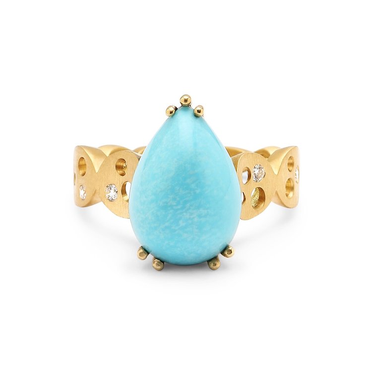 Dana Bronfman Pear Shaped Cabochon Turquoise Ring with Coin Band