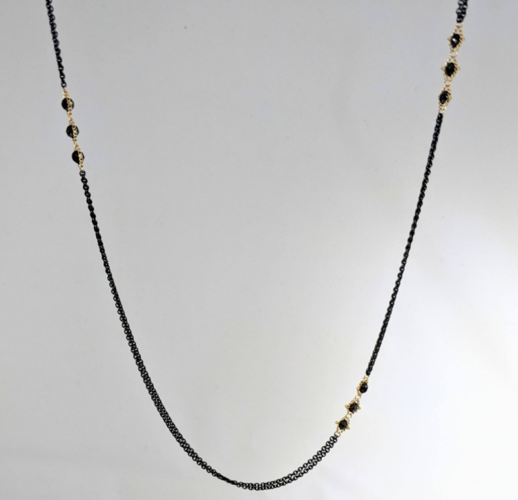 Amali Black Diamond Triple Textile Station Oxidized Necklace 30"