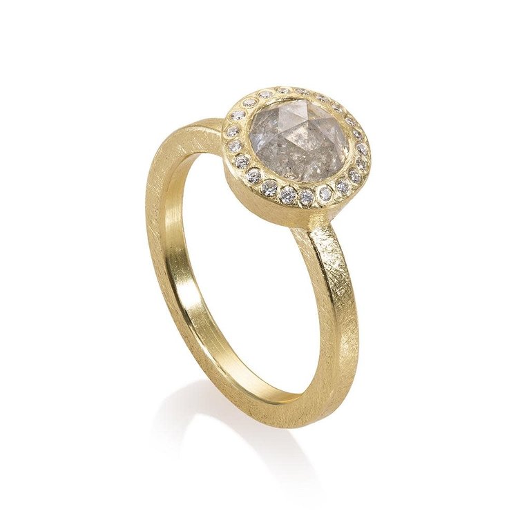 Todd Reed 18k Gold Rose-Cut Silver and White Diamond Halo Solitaire Ring