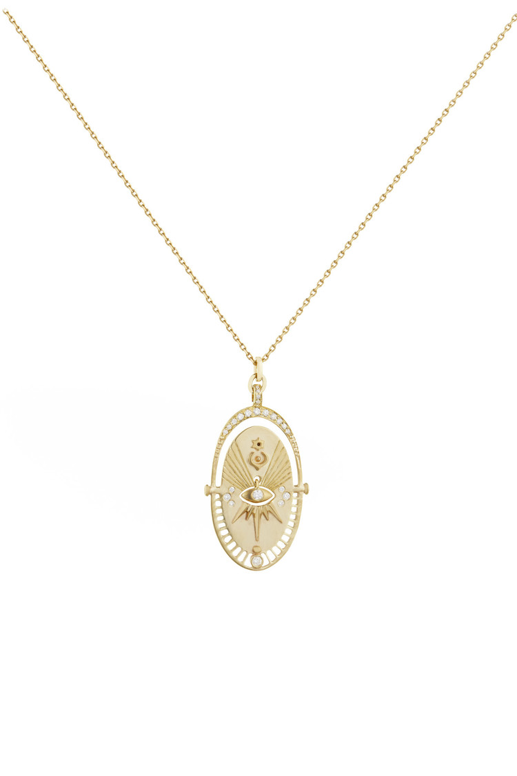 Celine d'Aoust Oval Plate Sun and Small Dangling Eye Necklace