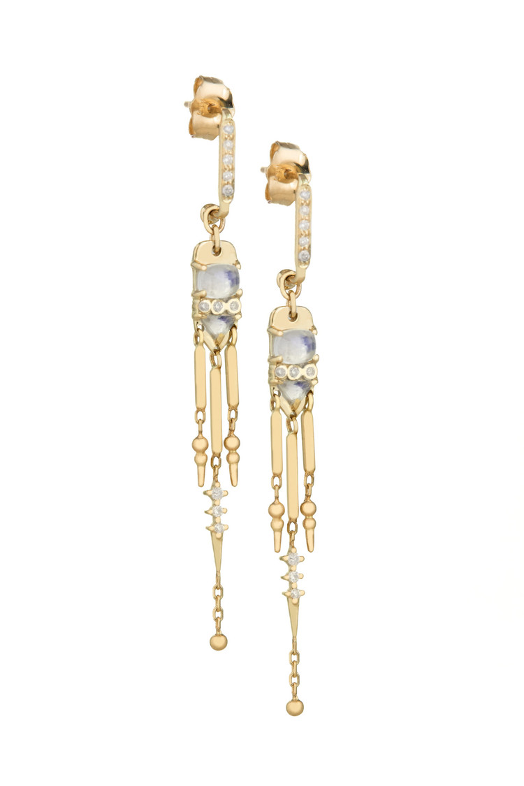 Celine d'Aoust Moonstones and Diamonds Long Dangling Earrings Pair