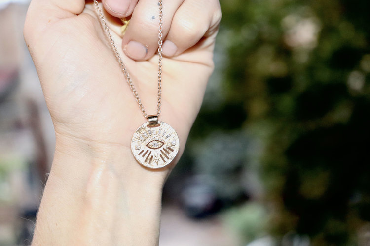 Celine d'Aoust Gold Medal Dangling Eye Necklace