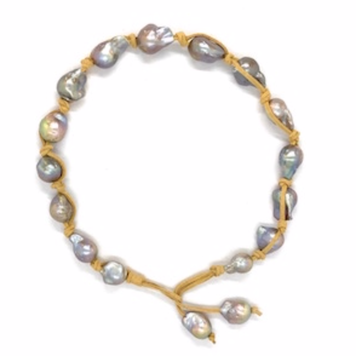 Gray Pearls on Knotted  Tan Leather Necklace