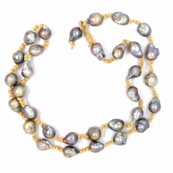 42" Gray Pearl Knotted on Tan Suede Necklace