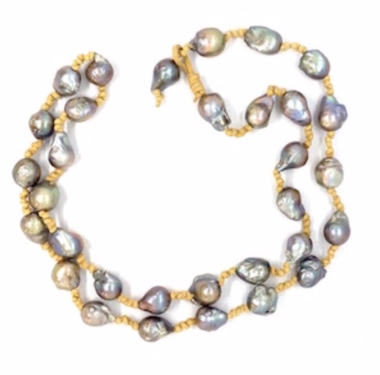 42" Gray Pearl Knotted on Tan Suede Necklace