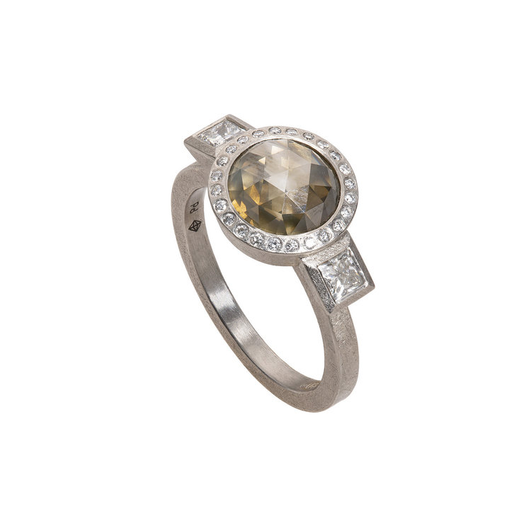 Todd Reed Round Fancy Cut with 2 White Princess Cut Diamonds Palladium Ring