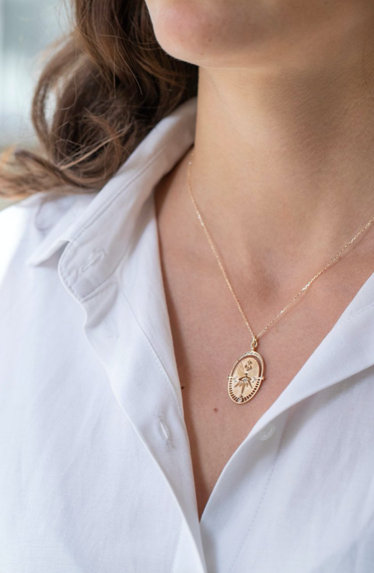 Celine d'Aoust Oval Plate Sun and Small Dangling Eye Necklace