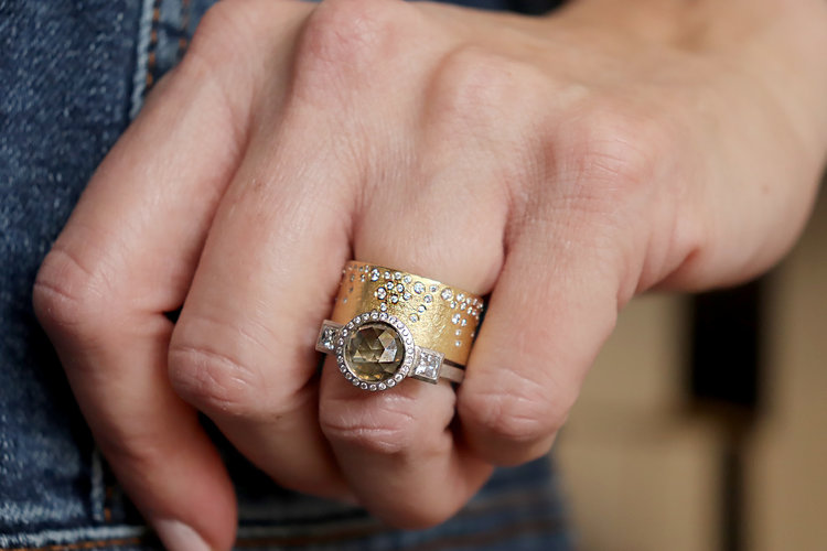 Todd Reed Round Fancy Cut with 2 White Princess Cut Diamonds Palladium Ring