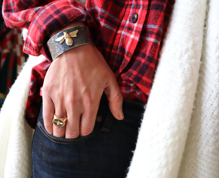 CFJ Bees 14kt Gold Tiny Bee Signet Ring