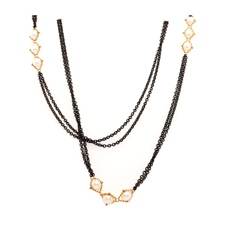 Amali Pearl Triple Textile Station Oxidized Necklace