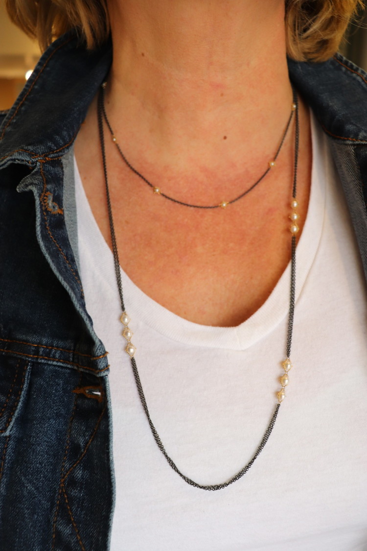 Amali Pearl Triple Textile Station Oxidized Necklace