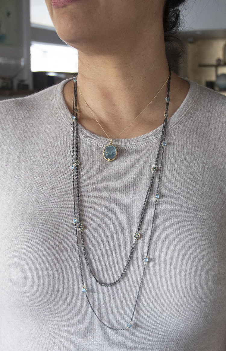 Amali Blue Topaz Textile Multi Station Oxidized Necklace