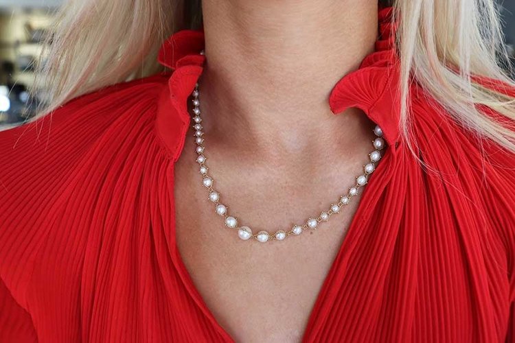 Amali Akoya Pearl Graduated Full Textile Necklace