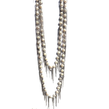 62" White Pearl with Oxidized Silver & Sterling Silver Chain Fringe Necklace
