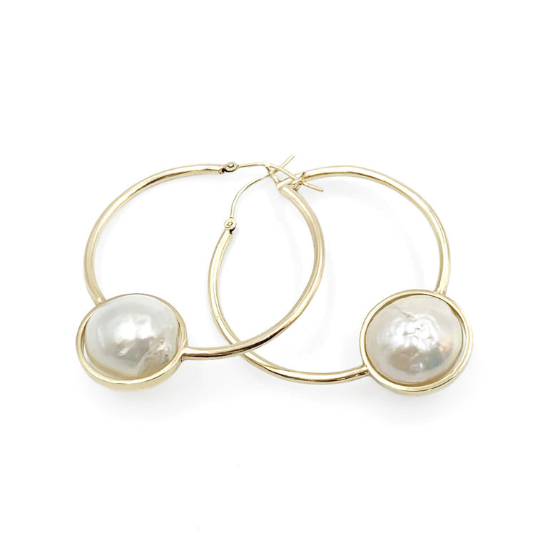 Leslie Paige Large Baroque Pearl Bezel Hoop Earrings