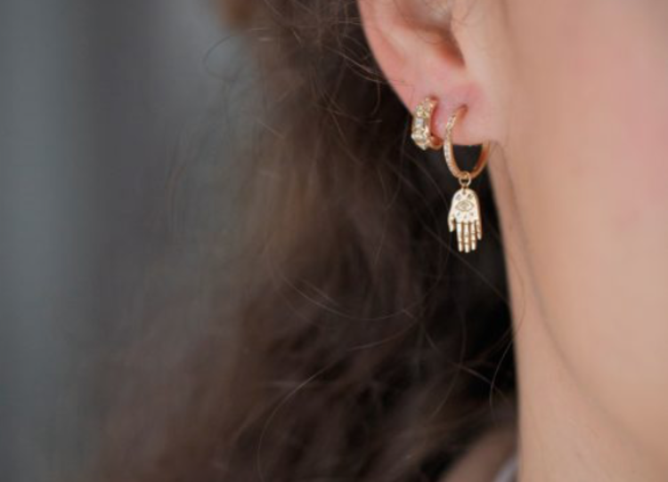 Celine d'Aoust Little Dharma's Hand and Diamond Charm Single Hoop Earring