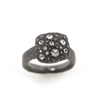 TAP Amophous Inverted Diamond Cluster Ring Darkened 18k White Gold