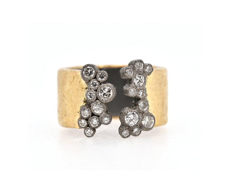 TAP Rustic Yellow Gold Diamond Wide Hammered Band